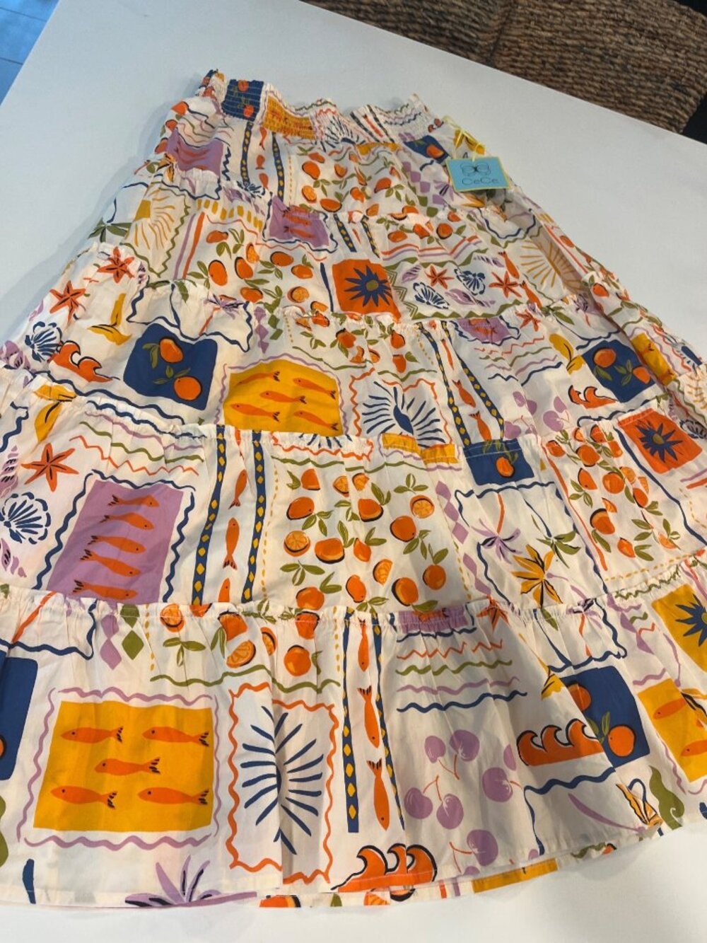 CeCe Elastic Waist Tiered Maxi Skirt With Vibrant Citrus & Coastal Print Lightwe
